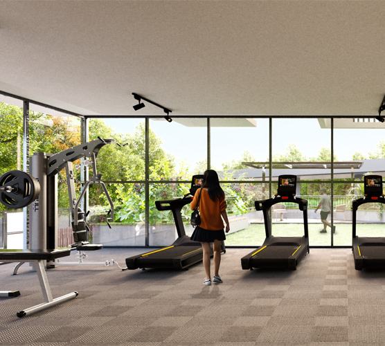 Indoor gym with garden views