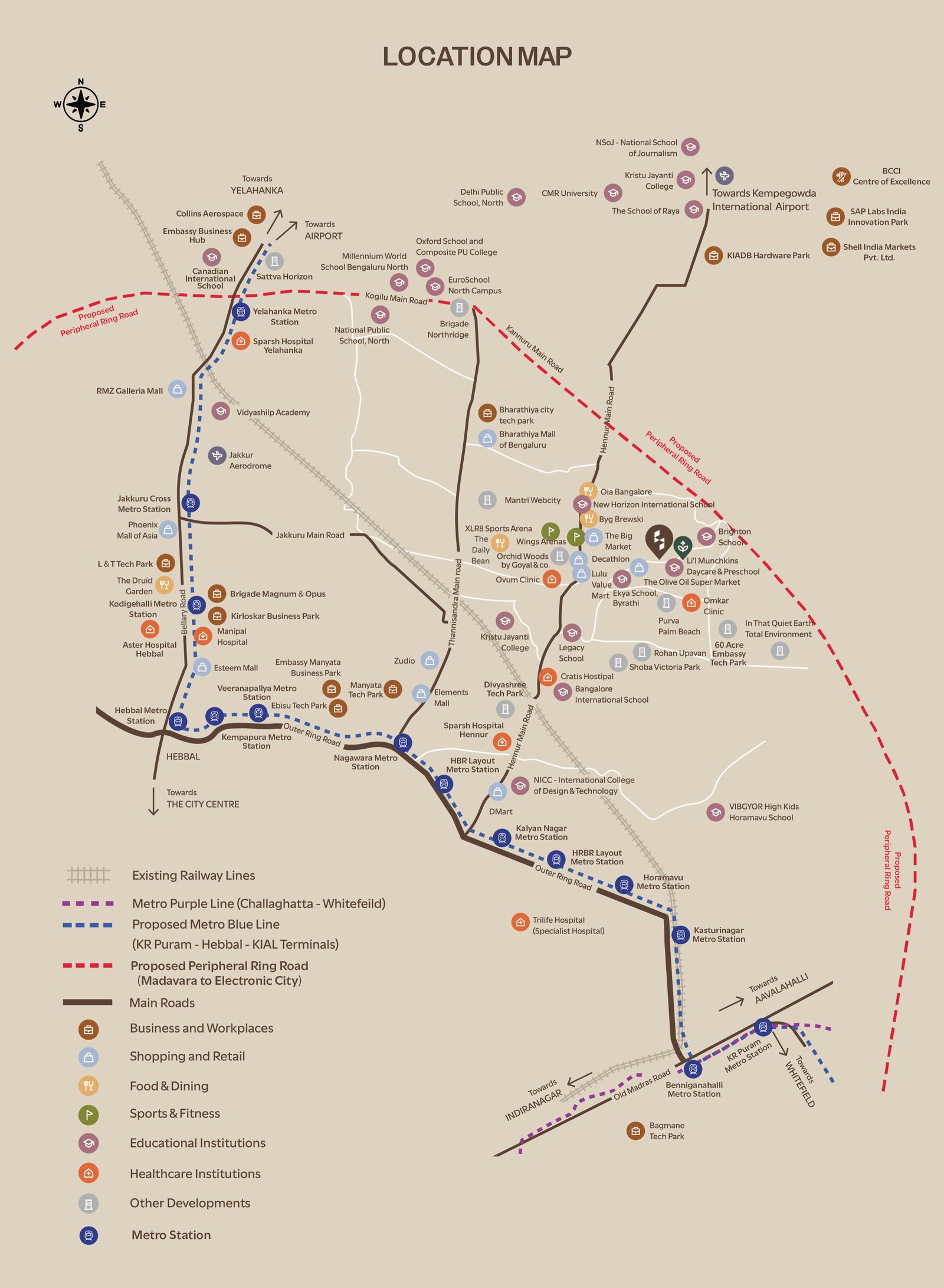 Location map of Disha Symphony Heights, Hennur, with nearby schools, tech parks, metro lines and hospitals