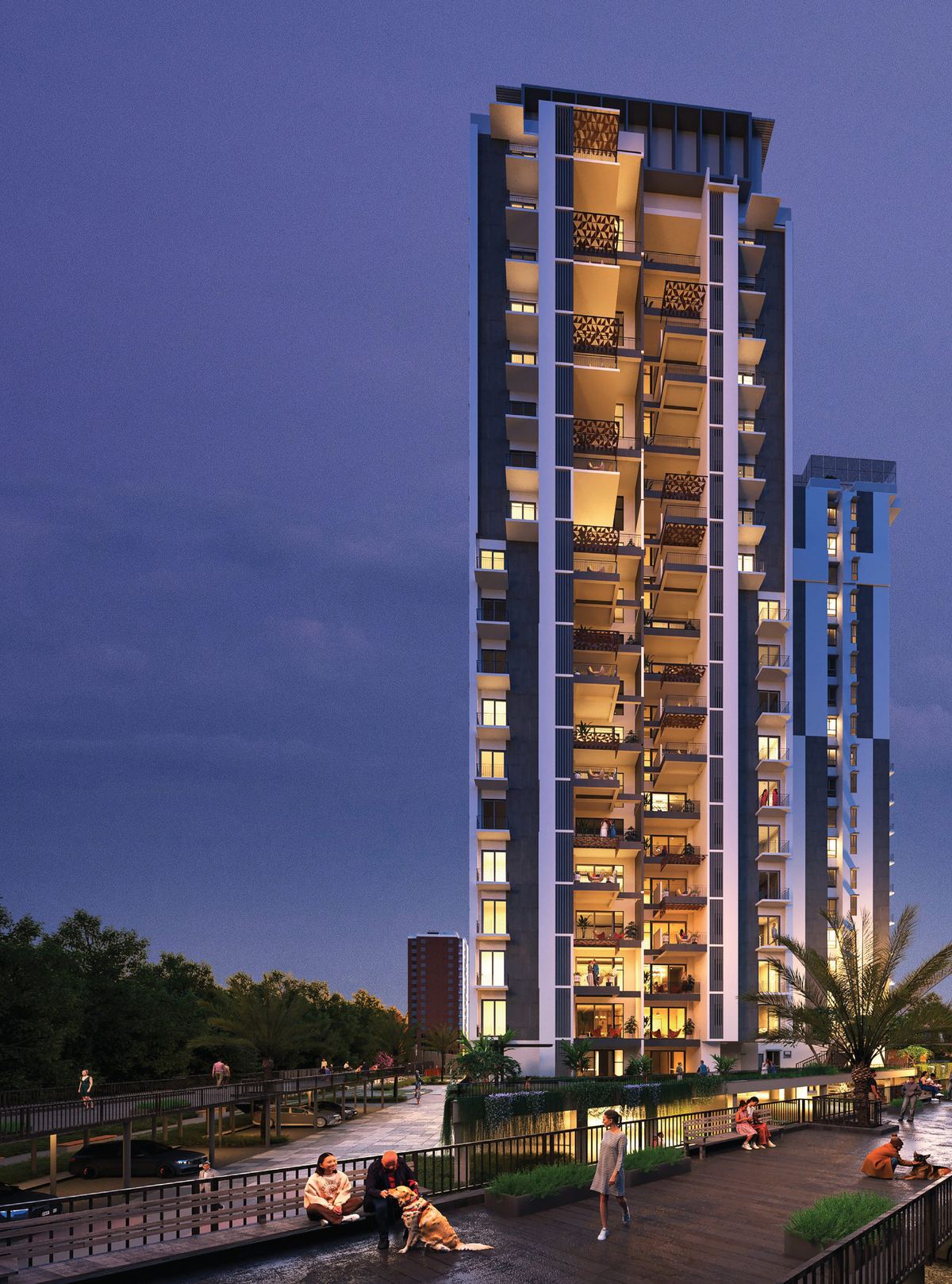 Symphony Heights tower lit up at night