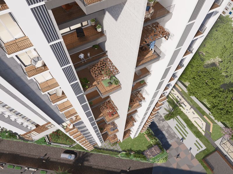 Looking up at the cascading balcony decks of the tower