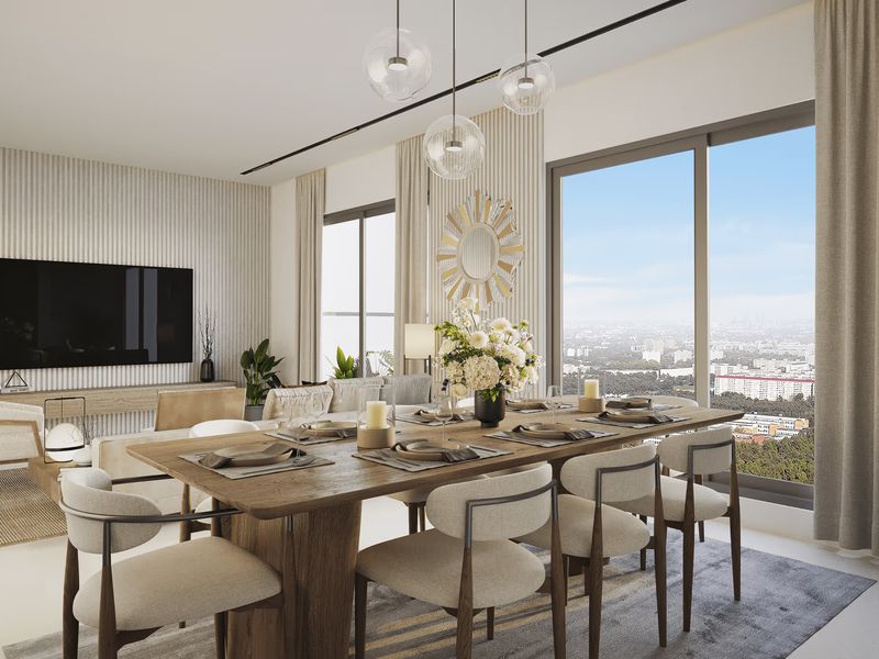 Living and dining room of a 3 BHK residence at Symphony Heights
