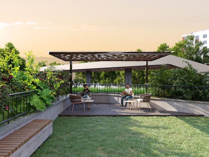 Landscaped podium seating lawn at sunset